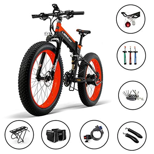 Folding Electric Mountain Bike : CSLOKTY Multifunction 1000W Folding Electric Bike 14.5AH / 48V Lithium Battery 27 Speeds Fat Tire Electric Bicycle Folding E-bike Adult 26x4.0 Inch Sports Battery Mountain Ebike For Mens Black+Red