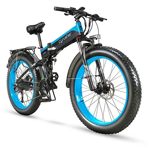 Folding Electric Mountain Bike : Cyrusher XF690 1000w Electric Bike Fat Tire Mountain Ebike Folding Electric Bike for Adults (Blue)