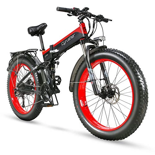 Folding Electric Mountain Bike : Cyrusher XF690 1000w Electric Bike Fat Tire Mountain Ebike Folding Electric Bike for Adults (Red)