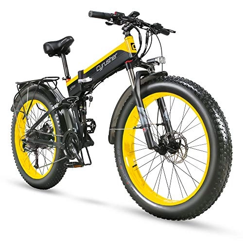 Folding Electric Mountain Bike : Cyrusher XF690 1000w Electric Bike Fat Tire Mountain Ebike Folding Electric Bike for Adults (Yellow)