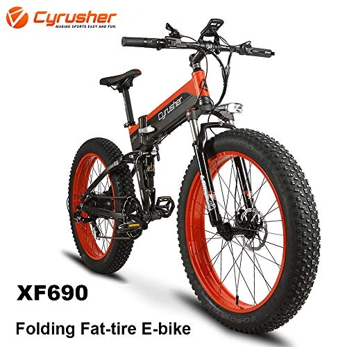 Folding Electric Mountain Bike : Cyrusher XF690 Electric Bike 500W Folding Bike 48V 10AH 7 Speeds Fat Tire Mountain Bike(red)