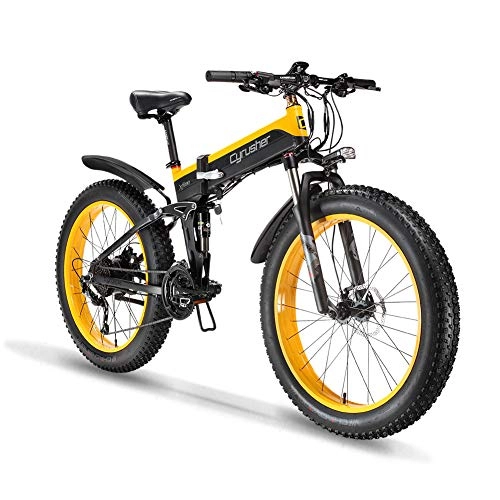 Folding Electric Mountain Bike : Cyrusher XF690 Electric Bike 500W Folding Bike 48V 10AH 7 Speeds Fat Tire Mountain Bike(yellow)