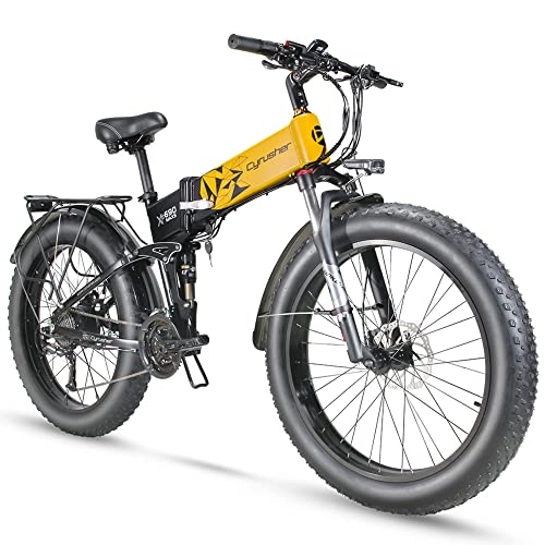 Folding Electric Mountain Bike : Cyrusher XF690 Maxs 1000W Electric Bike 27 Speeds Fat Tyre Mountain Bike 48V 15Ah Folding Bike with Hydraulic Oil Disc Brake Ebikes (Yellow)