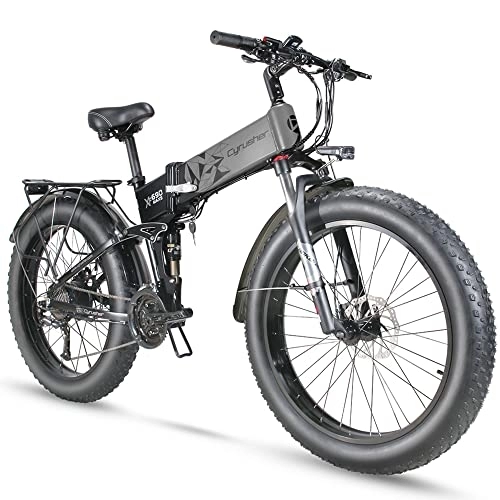 Folding Electric Mountain Bike : Cyrusher XF690 Maxs Electric Bike Folding Bike 26 * 4 Fat-tire Mountain Bike with 15AH Battery (Gray