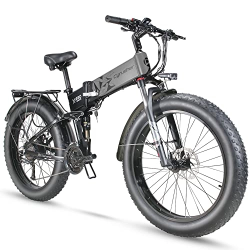 Folding Electric Mountain Bike : Cyrusher XF690 Maxs Electric Mountain Bike Full Suspension Fat Tire Folding Electric Bicycle for Adults with 15ah Battery and Rear Rack Ebike (Gray