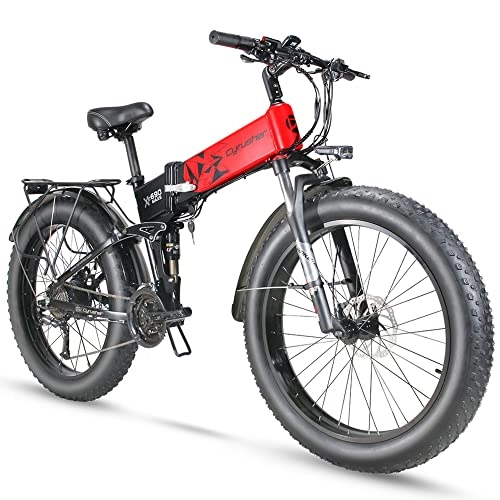 Folding Electric Mountain Bike : Cyrusher XF690 Maxs Electric Mountain Bike Full Suspension Fat Tire Folding Electric Bicycle for Adults with 15ah Battery and Rear Rack Ebike (Red)