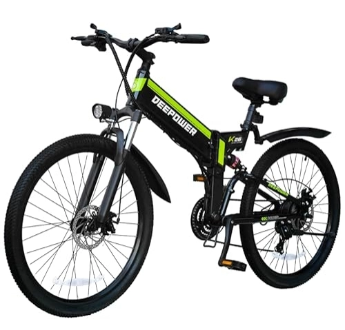 Folding Electric Mountain Bike : DEEPOWER K26 Electric Bike for Adults, 250W Motor 26" Folding Electric Bicycle, 25KM / H, 48V 12.8AH Removable Lithium Battery, 21-Speed Gears, Lockable Fork Suspension