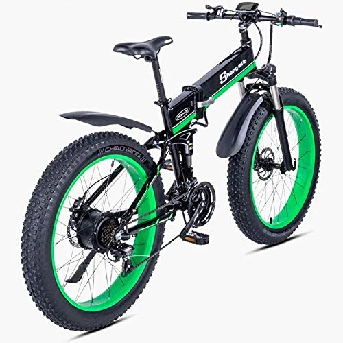 Folding Electric Mountain Bike : DLC Electric Bicycles Foldable Mountain Bikes 48V 1000W Adults 7 Speeds Electric Bicycles Double Shock Absorber with 26 inch Tire Disc Brake and Full Suspension Fork, Green, Black