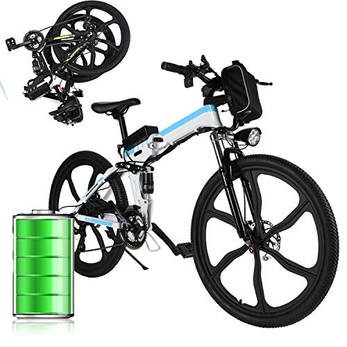 Folding Electric Mountain Bike : E-bike Bike Mountain Bike Electric Bike with 21-speed Shimano Transmission System, 250W, 8AH, 36V lithium-ion battery, 26"inch, Pedelec City Bike Lightweight (White-blue)