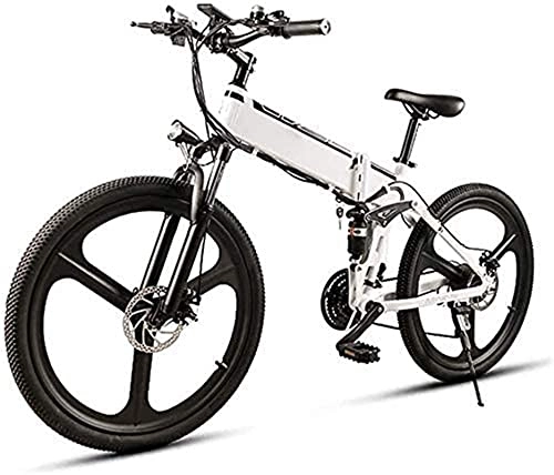 Folding Electric Mountain Bike : Ebikes, 26-inch 21-Speed Electric Snow Bike 350W Folding Mountain Electric Bike with 48V10AH Removable Lithium-ion Battery, Aluminum Alloy Double Suspension Bike, Maximum Speed 35Km / H (Color : White)