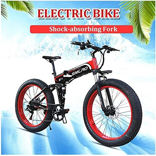 Folding Electric Mountain Bike : Ebikes, 26inch Electric Snow Bikes Adult Foldable 4.0 Fat Tire Mountain E-bike with LCD Screen And 48V 14Ah Removable Battery For Outdoor Traving Cycling (Color : Red, Size : 48V10Ah)