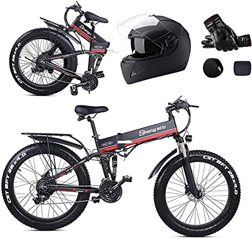 Folding Electric Mountain Bike : Ebikes, 26inch Fat Tire Folding Electric Mountain Bike, 1000w Motor Aluminum Frame, 48v 12.8ah Removable Lithium Battery, 21 Speed Shock-Absorbing Mountain Bicycle, Beach Snow Bicycle, Red (Color : Red)
