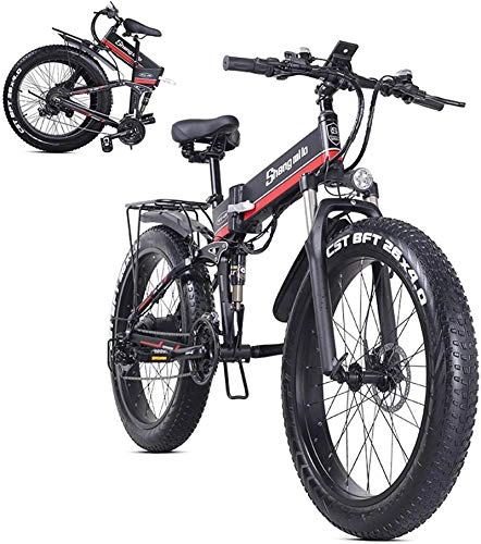 Folding Electric Mountain Bike : Ebikes, 26inch4.0 Fat Tire Folding Electric Mountain Bike, 48v 12.8ah Removable Lithium Battery, 1000w Motor and 21 Speed Gears Beach Snow Bicycle, Full Suspension Ebike for All Terrains, Red ZDWN