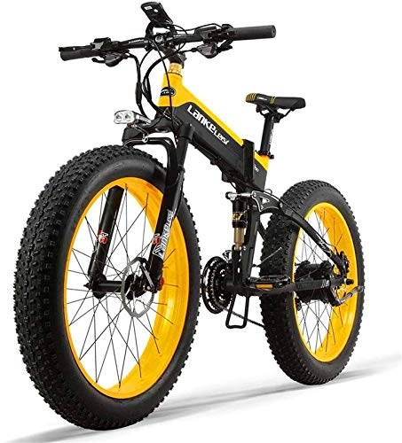 Folding Electric Mountain Bike : Ebikes, 48V 10AH 500W Engine New All-Round Electric Bike 26 '' 4.0 Wholesale tire Electric Bike 27-Speed Snow Mountain Folding Electric Bike Adult Female / Male with Anti-Theft Device ( Color : Yellow )