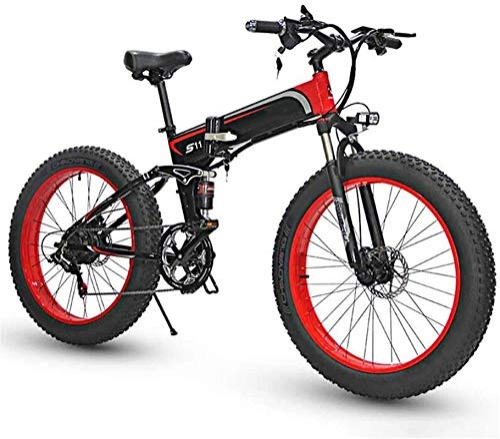 Folding Electric Mountain Bike : Ebikes, Folding Electric Bikes for Adults Mountain Bike 7 Speed Steel Frame 26 Inches Wheels Dual Suspension Folding Bike E-Bike Lightweight Bicycle for Unisex (Color : Red)