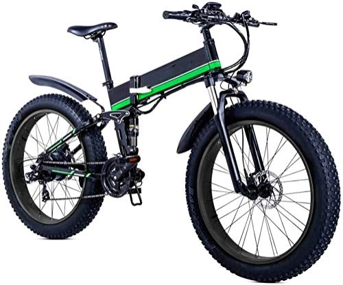 Folding Electric Mountain Bike : Ebikes, Folding Mountain Electric Bicycle, 26 inch Adults Travel Electric Bicycle 4.0 Fat Tire 21 Speed Removable Lithium Battery with Rear Seat 1000W Brushless Motor (Color : Black green)