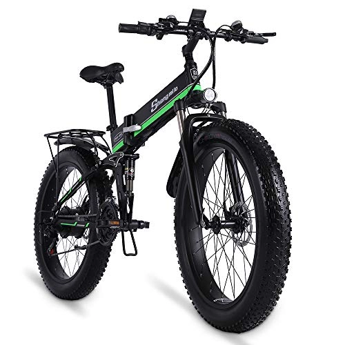 Folding Electric Mountain Bike : Electric Bicycle 26''×4.0 Fat tire, 21-Speed Mountain E-Bike, folding electric bike Full suspension, removable 614Wh Lithium Battery, Hydraulic Disc Brake Shengmilo MX01 (green, one battery)