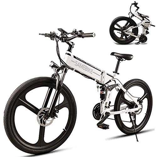 Folding Electric Mountain Bike : Electric Bicycle, 26-inch Folding Mountain Bike, Fat Tire Ebike, with 48V 10.4Ah 350W Lithium-ion battery, 21-level Shift Assisted, Shock Absorption Mechanism, White