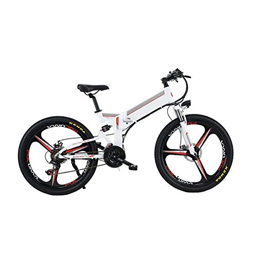 Folding Electric Mountain Bike : Electric Bicycle 350W high speed brushless motor Front and rear LED lights 48V12ah lithium battery 21 speed Suitable for men and women, White
