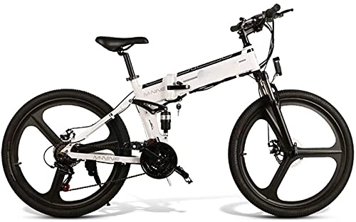 Folding Electric Mountain Bike : Electric Bicycle Lithium Battery Folding Power Supply Cross-Country Mountain Bike Lightweight Smart Commuter Fitness 48V (Color : White)