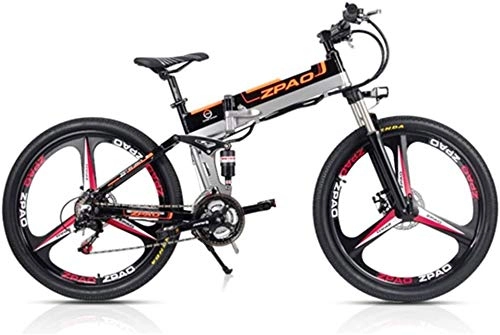 Folding Electric Mountain Bike : Electric bicycle, ZP26 26 inch folding bike, 48V 350W powerful motor, 21 speed mountain bike, aluminum frame, a pedal-assisted bicycle, the whole suspension (black integral wheel, plus a spare battery