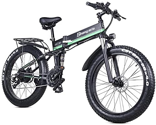 Folding Electric Mountain Bike : Electric Bike, 1000W 48V Folding Mountain Bike with 26 * 4.0 Fat Tire, 21 Speed Lightweight E-Bike with Pedal Assist Hydraulic Disc Brake, Green