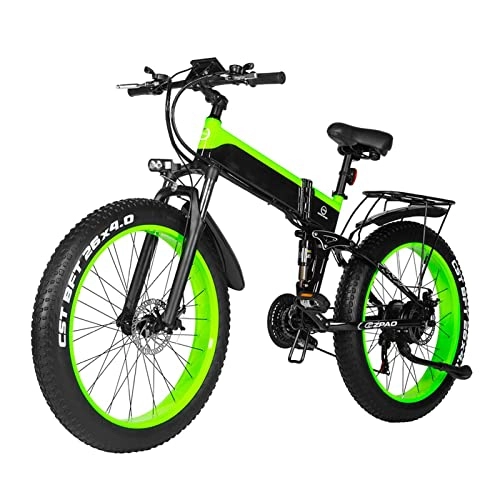 Folding Electric Mountain Bike : Electric Bike 1000W Outdoor Mountain Electric Bicycle for Men 26 Inch Snow 48V Electric Bicycle 4.0 Folded Ebike (Color : Green)