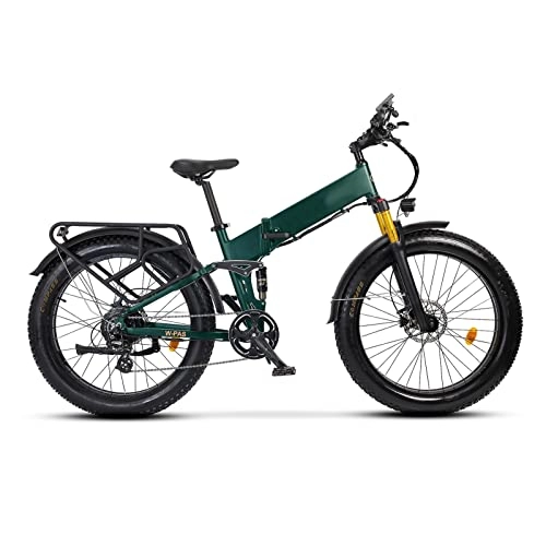 Folding Electric Mountain Bike : Electric bike Electric Bike for Adults Foldable 26 Inch Fat Tire 750W 48W 14Ah Lithium Battery Ebike Full Suspension Electric Bicycle (Color : Matte Green)