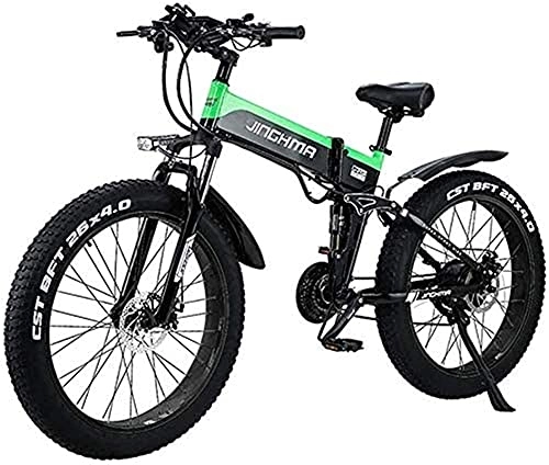 Folding Electric Mountain Bike : Electric Bike Electric Mountain Bike 26inch Folding Electric Adult Bicycle 48V 500W 12.8AH Hidden Battery Design, Suitable for 21 Gear levers and Three Working Modes (Color : Green)