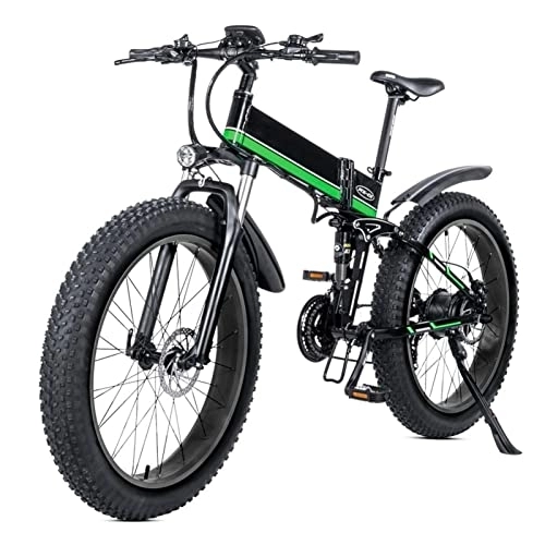 Folding Electric Mountain Bike : Electric Bike Foldable for Adults 1000w Electric Mountain Bicycle 26 Inch Fat Tire Folding Electric Bike with Lcd Display 48v Removable Lithium Battery Ebike (Color : Green)