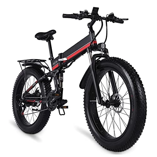 Folding Electric Mountain Bike : Electric Bike Foldable for Adults 1000w Electric Mountain Bicycle 26 Inch Fat Tire Folding Electric Bike with Lcd Display 48v Removable Lithium Battery Ebike (Color : Red)