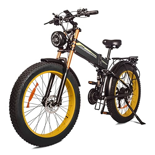 Folding Electric Mountain Bike : Electric Bike Foldable for Adults 1000W Motor 48V 14Ah Battery Electric Bicycle 26 Inch Fat Tires Men Mountain Snow Ebike (Color : Yellow)