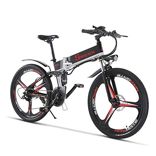Folding Electric Mountain Bike : Electric Bike - Folding Portable eBike For Commuting & Leisure Front Rear Suspension, Pedal Assist Unisex Bicycle, 350W / 48V (Black（350w）)