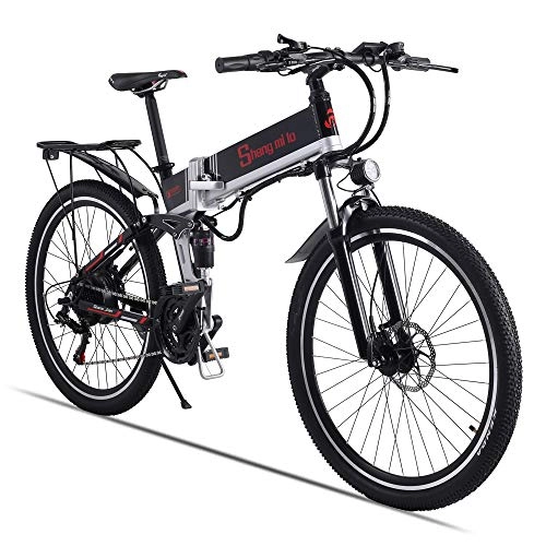 Folding Electric Mountain Bike : Electric Bike - Folding Portable eBike For Commuting & Leisure Front Rear Suspension, Pedal Assist Unisex Bicycle, 350W / 48V (Black500w)