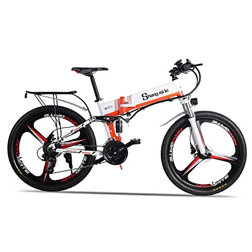 Folding Electric Mountain Bike : Electric Bike - Folding Portable eBike For Commuting & Leisure Front Rear Suspension, Pedal Assist Unisex Bicycle, 350W / 48V (Orange (350w))