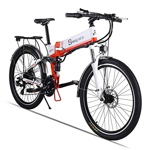 Folding Electric Mountain Bike : Electric Bike - Folding Portable eBike For Commuting & Leisure Front Rear Suspension, Pedal Assist Unisex Bicycle, 350W / 48V (Orange (500w))