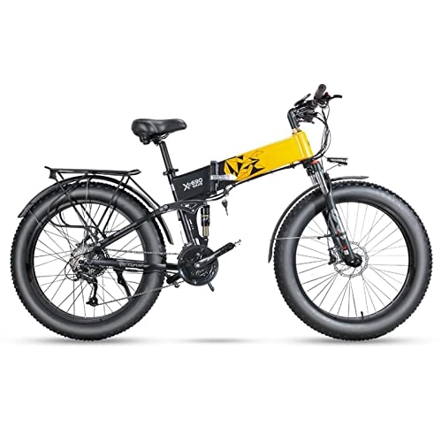 Folding Electric Mountain Bike : Electric Bikes for Adults Folding Electric Bikes for Adults 1000W 48V Electric Bicycle 26*4.0 inch Fat Tire Full Suspension Off-Road Foldable E Bike ( Color : Black Yellow , Number of speeds : 27 )