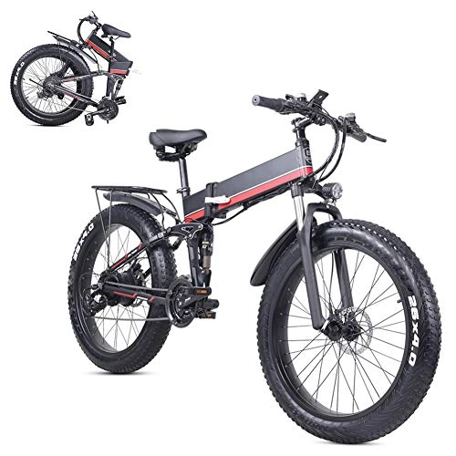 Folding Electric Mountain Bike : Electric Mountain Bike 1000W Foldable 24 Inch Snow Bicycle Fat Tire E-Bike 48V 12.8Ah Lithium Battery, Variable Speed Double Shock Absorption System, for Women Man Outdoor Sports City Commuter