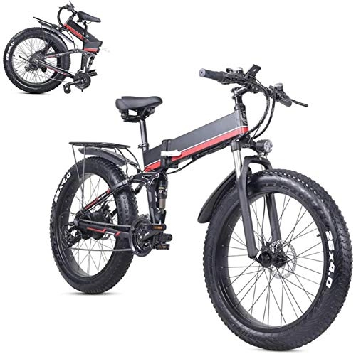 Folding Electric Mountain Bike : Electric Mountain Bike 1000W Foldable 24 Inch Snow Bicycle Fat Tire E-Bike 48V 12.8Ah Lithium Battery, Variable Speed Double Shock Absorption System, for Women Man Outdoor Sports City Commuter