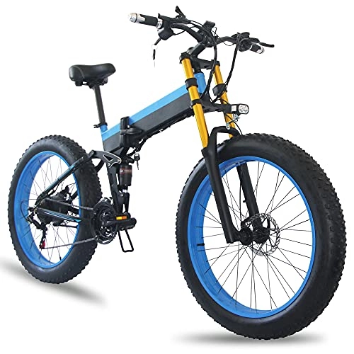 Folding Electric Mountain Bike : Electric Mountain Bike 1000W Folding E-bike 21-Speed 26" 4.0 Fat Tire Electric Downhill Bicycle Full Suspension Pedal Assist Electric Snow Bike 48V Removable Battery, Blue