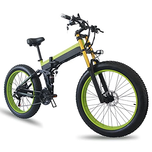Folding Electric Mountain Bike : Electric Mountain Bike 1000W Folding E-bike 21-Speed 26" 4.0 Fat Tire Electric Downhill Bicycle Full Suspension Pedal Assist Electric Snow Bike 48V Removable Battery, Green