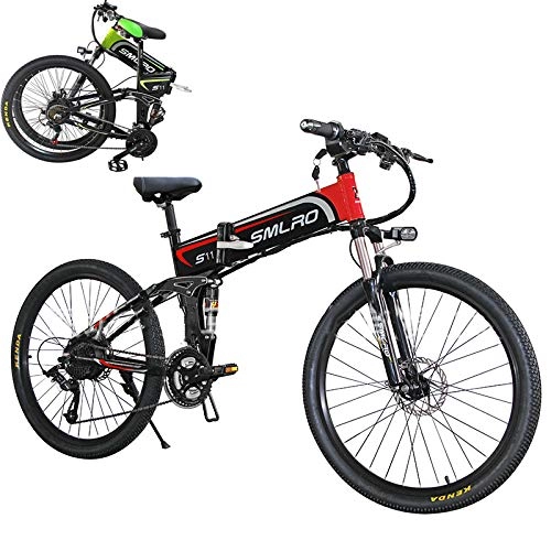 Folding Electric Mountain Bike : Electric Mountain Bike, 26-Inch Folding Electric Bicycle, 350W / 48V Removable Charging Lithium Battery, Advanced Full Suspension And Shimano 21 Speed Gear, Red