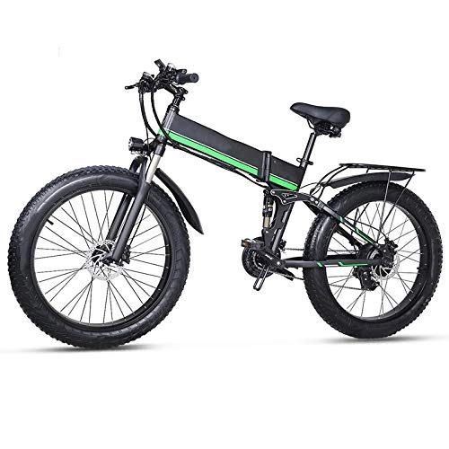 Folding Electric Mountain Bike : Electric Mountain Bike, 48v 1000w Snow Folding Bicycle 4.0 Fat Tire e Bike 48v Lithium Battery, for Urban Environment and Commuting To and From Get Off Work MX01-Green