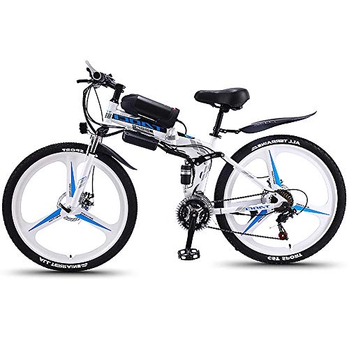 Folding Electric Mountain Bike : Electric Mountain Bike, Folding 26-Inch Hybrid Bicycle / (36V8ah) 21 Speed 5 Speed Power System Mechanical Disc Brakes Lock, Front Fork Shock Absorption, Up To 35KM / H, White, One Piece Wheel