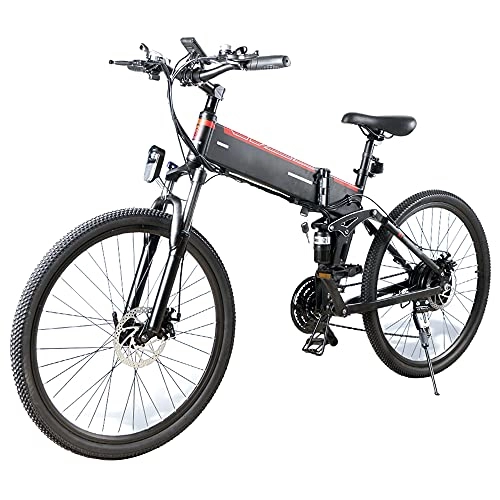 Folding Electric Mountain Bike : Electric Mountain Bike for Adults 26" Foldable E-bike for Travel 48V 500W Motor Removable 10Ah Lithium Battery Pedal Assist 21- Speed Dual Disc Brake Dual Shock Sbsorber, Black