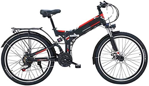 Folding Electric Mountain Bike : Electric Snow Bike, 26'' Folding Electric Mountain Bike, Electric Bike with 36V / 10Ah Lithium-Ion Battery, 300W Motor Premium Full Suspension And 21 Speed Gears Lithium Battery Beach Cruiser for Adults