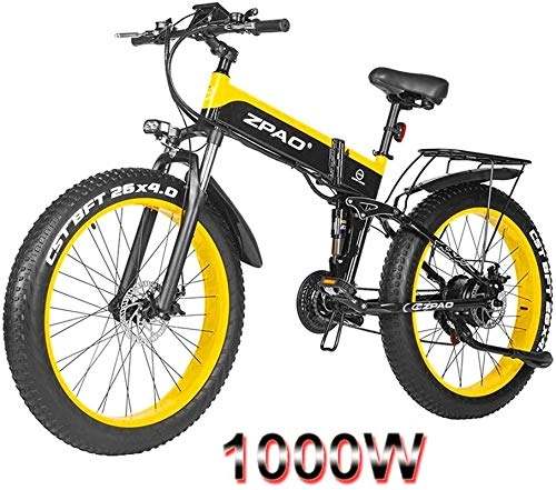 Folding Electric Mountain Bike : Electric Snow Bike, Folding Electric Bike 26inch Fat Tire E-Bike 48V1000W Electric Mountain Bike Maximum Speed 40km / h Adult Electric Bicycle Beach E-Bikes Lithium Battery Beach Cruiser for Adults