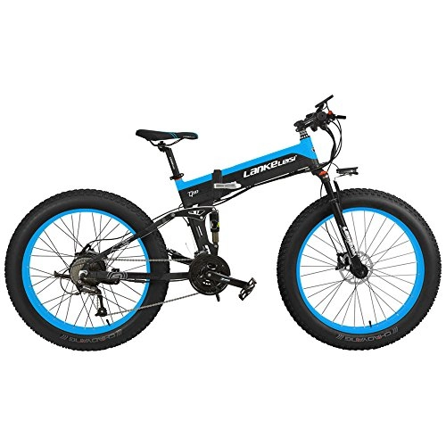 Folding Electric Mountain Bike : Electric Strong Snow Bike, Big Size Fat Wheel, Dual Hydraulic Disc Brake & Suspension, Large Li-ion Battery (Blue, 1000W, 48V 14.5Ah)