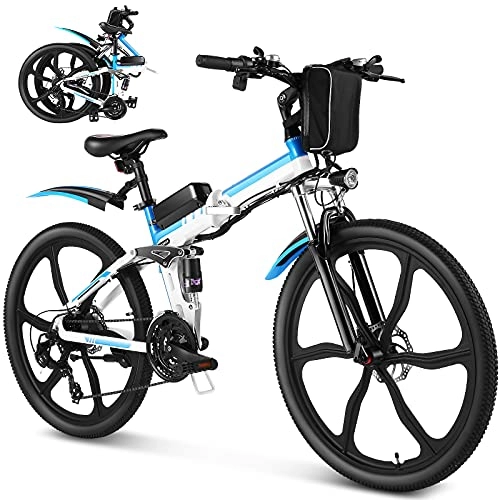 Folding Electric Mountain Bike : Eloklem 26 inch Folding Electric Mountain Bike 250W Electric Bicycle with Removable 36V 8AH Lithium-Ion Battery, Professional 21 Speed Gears (White)