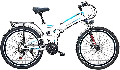 Folding Electric Mountain Bike : Fangfang Electric Bikes, 26'' Folding Electric Mountain Bike, Electric Bike with 36V / 10Ah Lithium-Ion Battery, 300W Motor Premium Full Suspension And 21 Speed Gears, E-Bike (Color : White)
